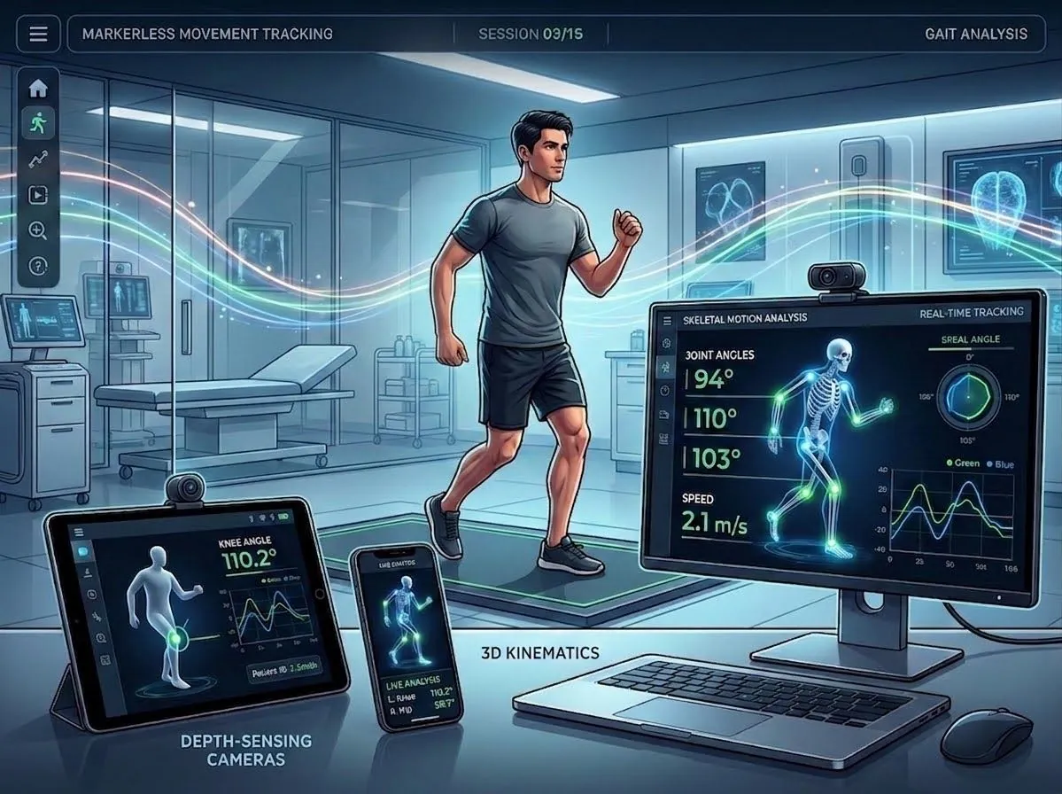 Illustration of markerless 3D movement tracking, with joint angles and gait metrics shown on screens
